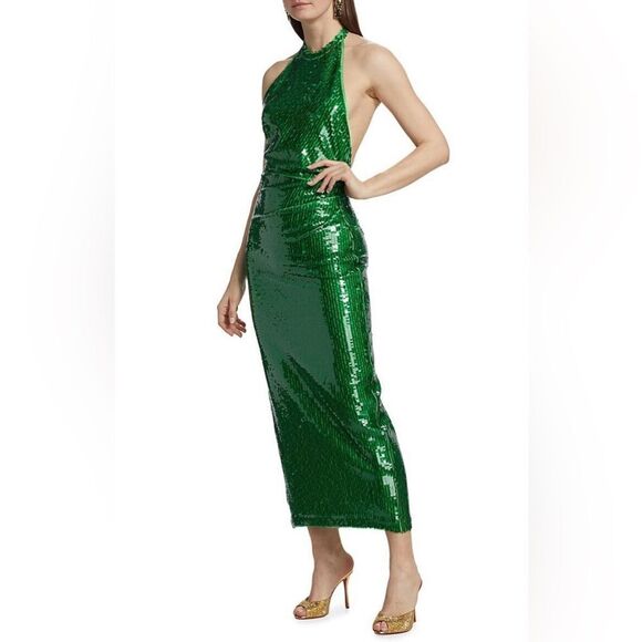 Ronny Kobo Alix Green Sequined Halter Midi Gown New Small - Picture 1 of 16